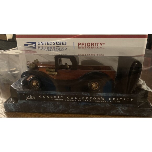 John Weitz Collector Edition Hand Crafted Toy Wood Car & Genuine Leather Wallet - Picture 1 of 5